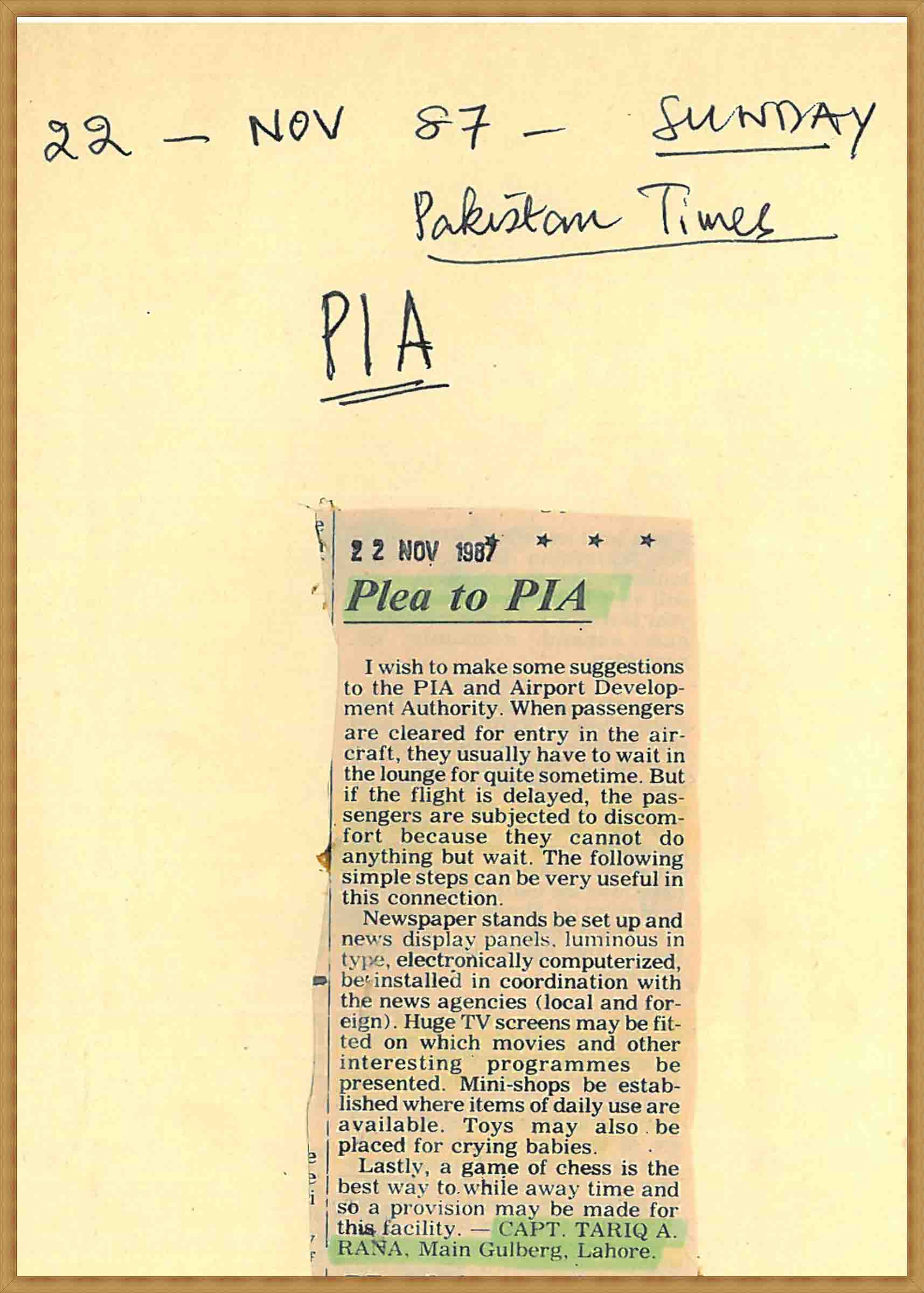 Plea to PIA(22-11-1987)